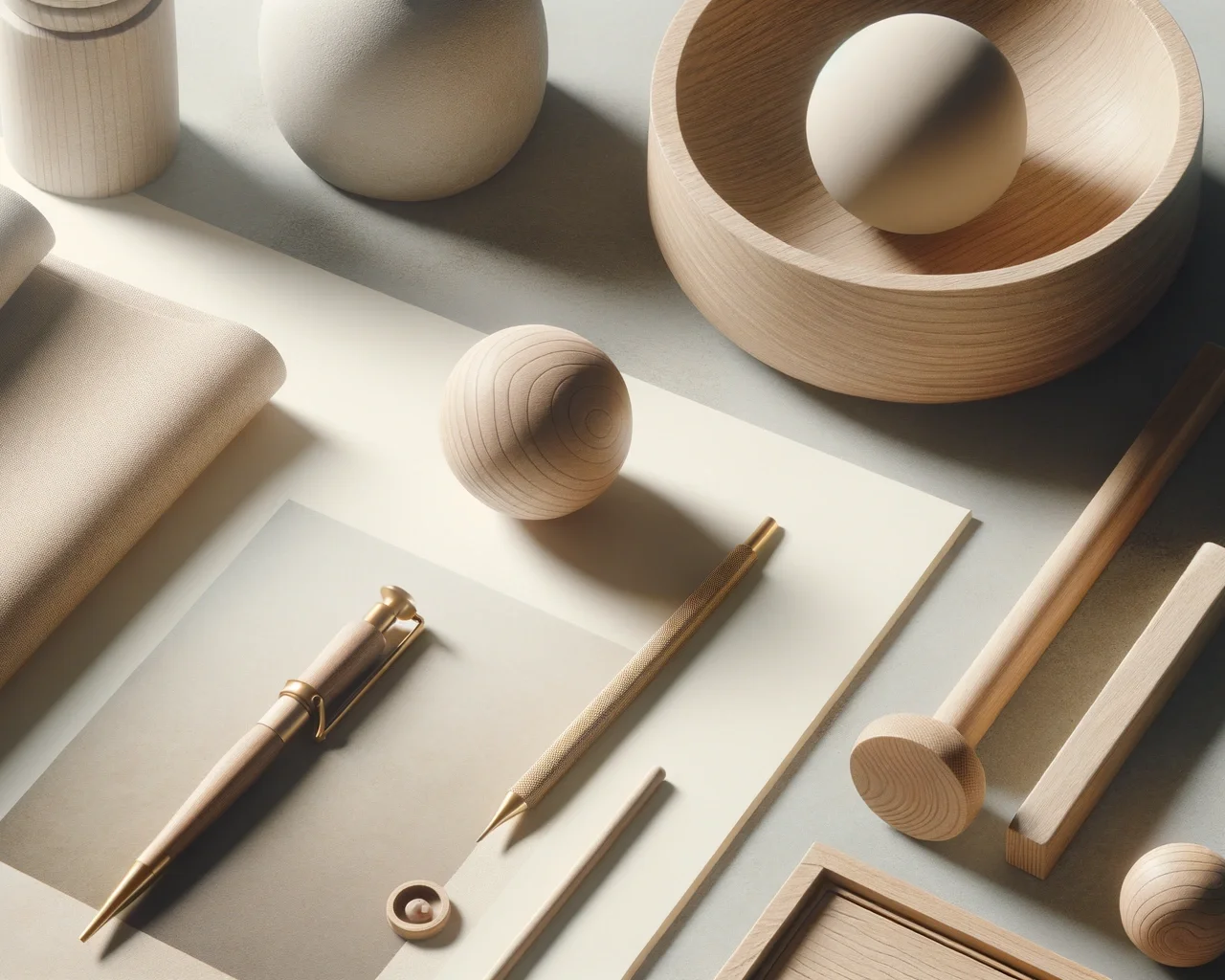 Various wooden objects and stationery items on a light surface, including balls, rings, a bowl, a ruler, a pen, and paper, all in neutral tones.
