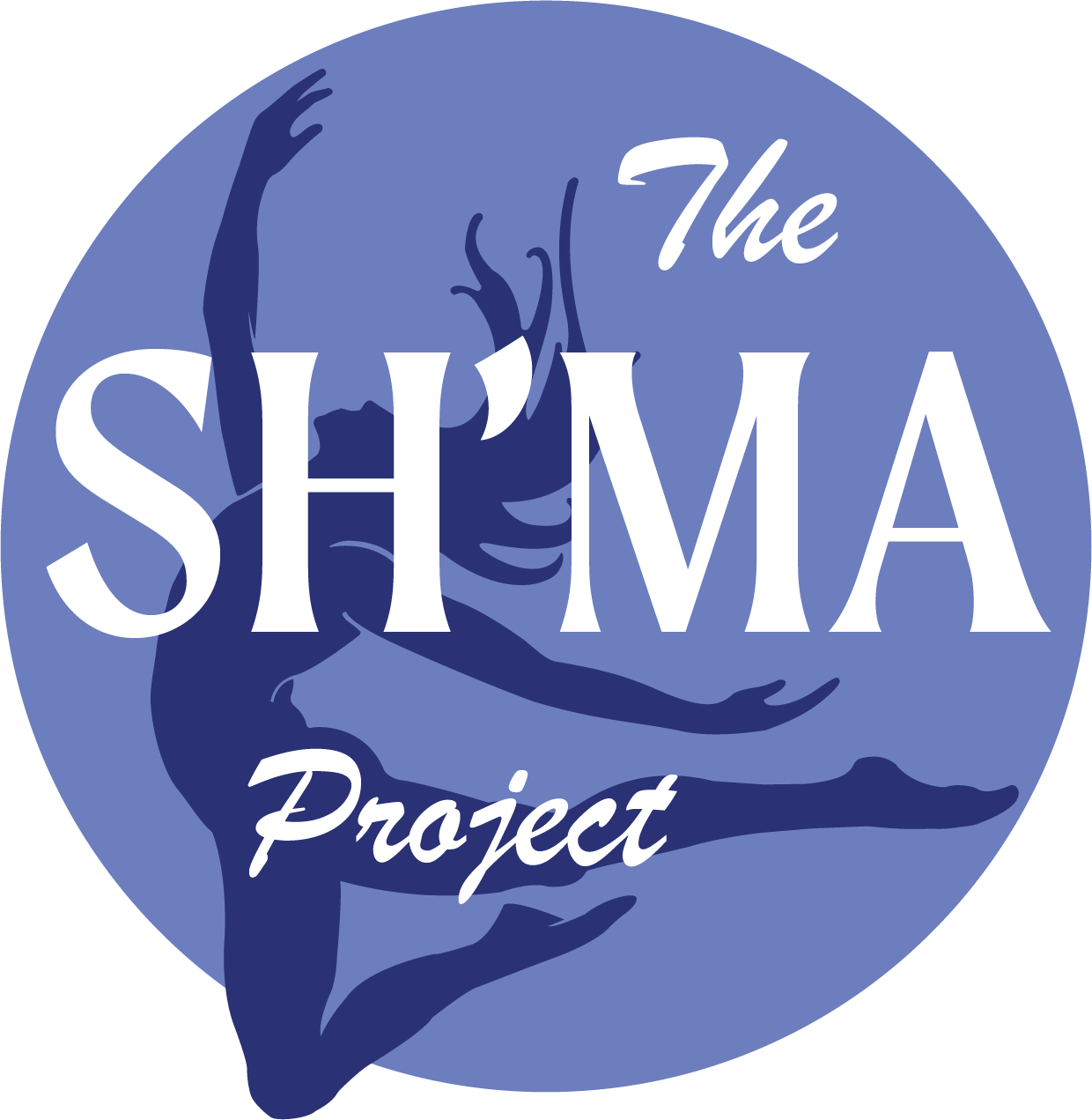 A circular logo with a blue background featuring a stylized silhouette of a woman with long hair, holding a shell in her hand. The text on the logo reads "The SHMA Project" with "SHMA" in large white letters and the other words in smaller white script.