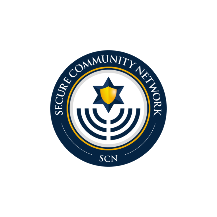 Seal of the Secure Community Network with a shield, star, and menorah design