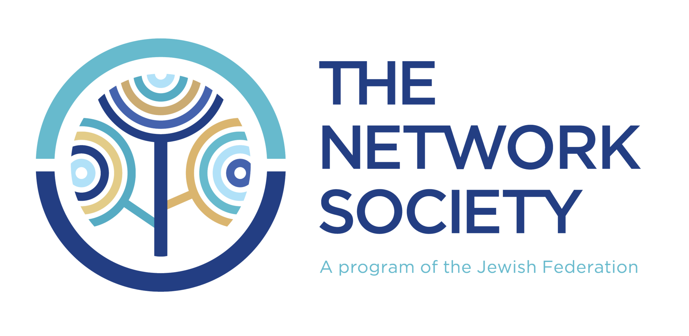 Logo for The Jewish Federation of the New Work Society, featuring a circular design with colorful, curved lines and the organization's name in bold blue text.