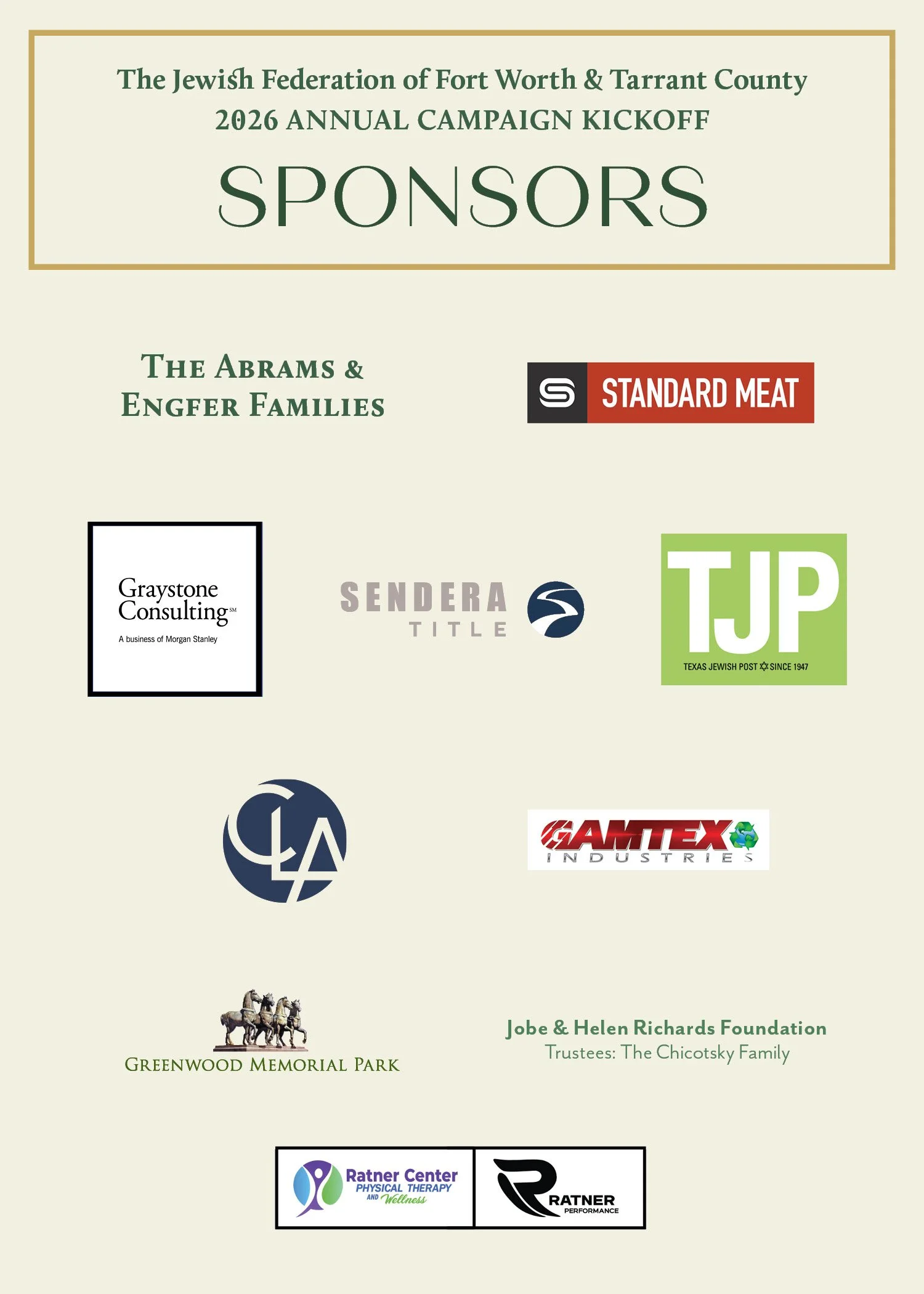 Logos of various sponsors for the Jewish Federation of Fort Worth & Tarrant County 2026 Annual Campaign Kickoff including Graystone Consulting, Sendera Title, TIP Texas Jewish Post, Gamtex Industries, and others, on a light background with some text about the event and the Greenwood Memorial Park.
