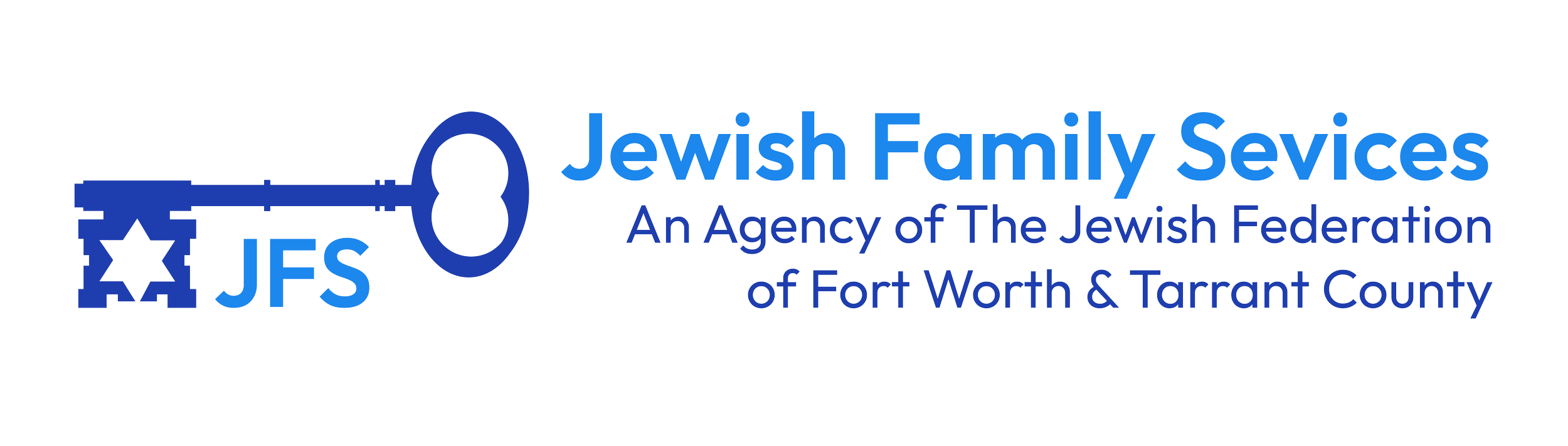 Logo of Jewish Family Services featuring a blue key with a star-shaped bow and the organization's name in blue text.