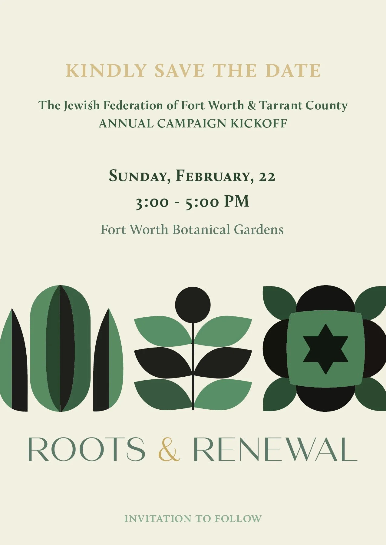 Invitation for the Roots & Renewal event featuring green and black botanical illustrations and text details about a campaign kickoff on February 22 at Fort Worth Botanical Gardens.