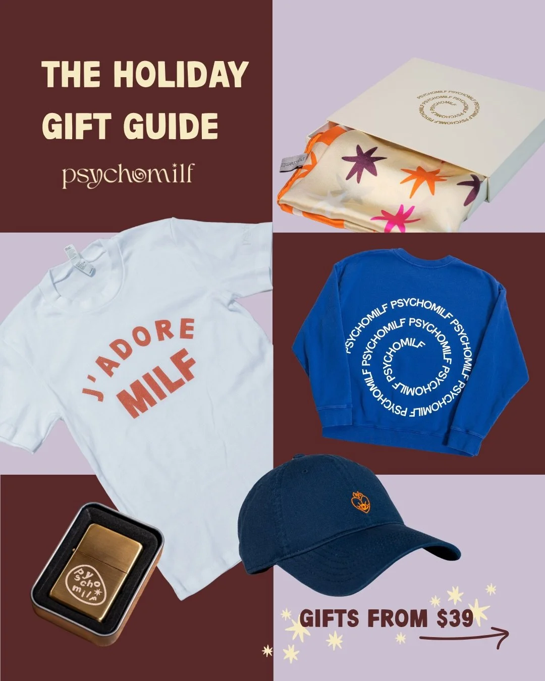 The holiday gift guide is here! Shop holiday gift bundles for her, for him, and for you. Swipe for all of it&hellip; 

🔥 Smoke Break - lighter &amp; incense - $39
🔗 The Plus One - cap &amp; lighter - $72 
🏆 The Trophy Wife - tee &amp; silk scarf -