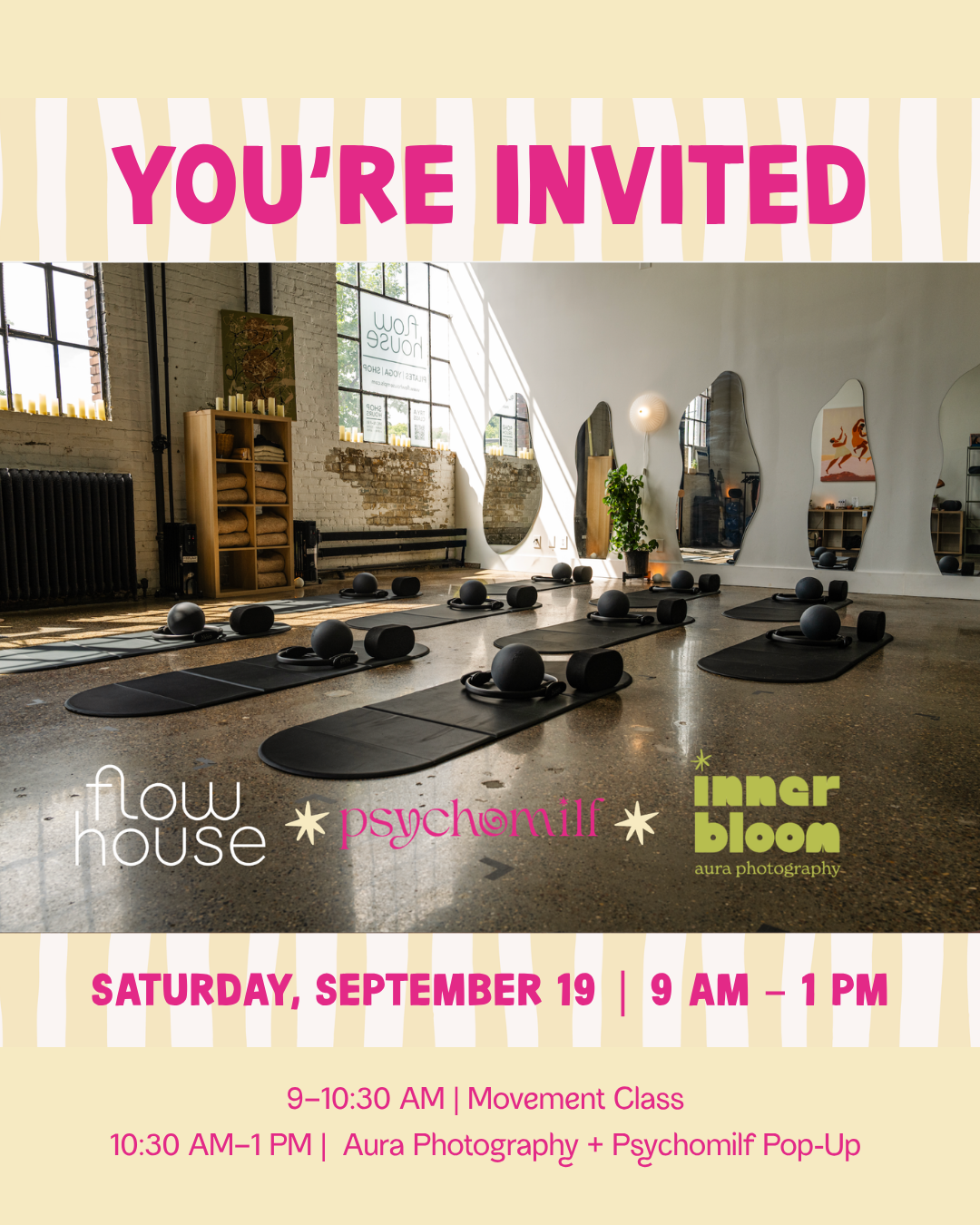 Invitation for a wellness event showing a yoga or fitness studio with mats, black balls, and meditation cushions, with text detailing the event schedule and dates.