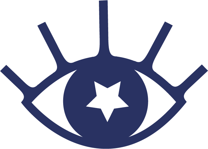 Stylized blue eye with a star in the center surrounded by radial lines.