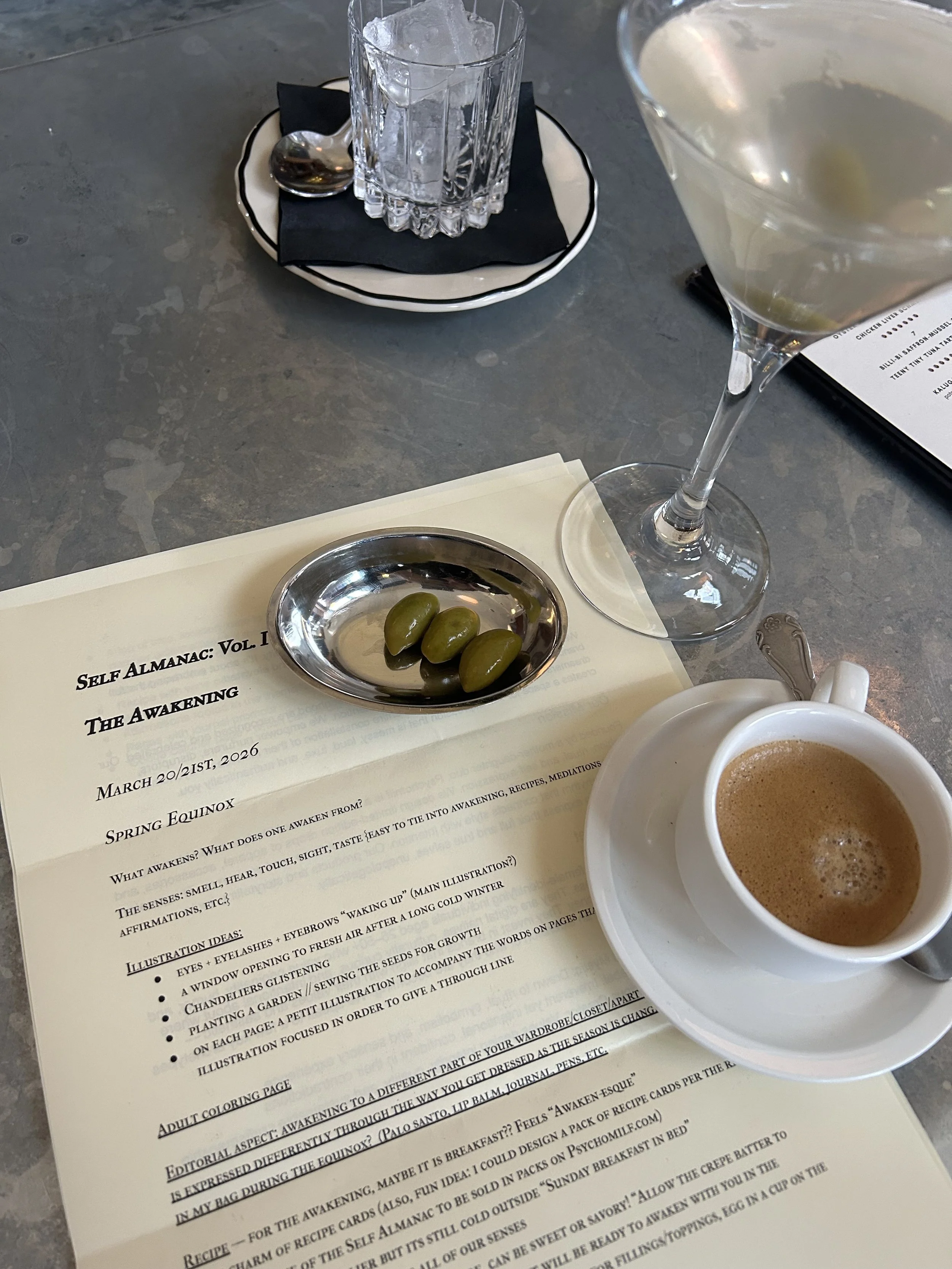 A draft of the self almanac printed out and overlay of a bar with martini glass, olives in a silver bowl, and an espresso cup