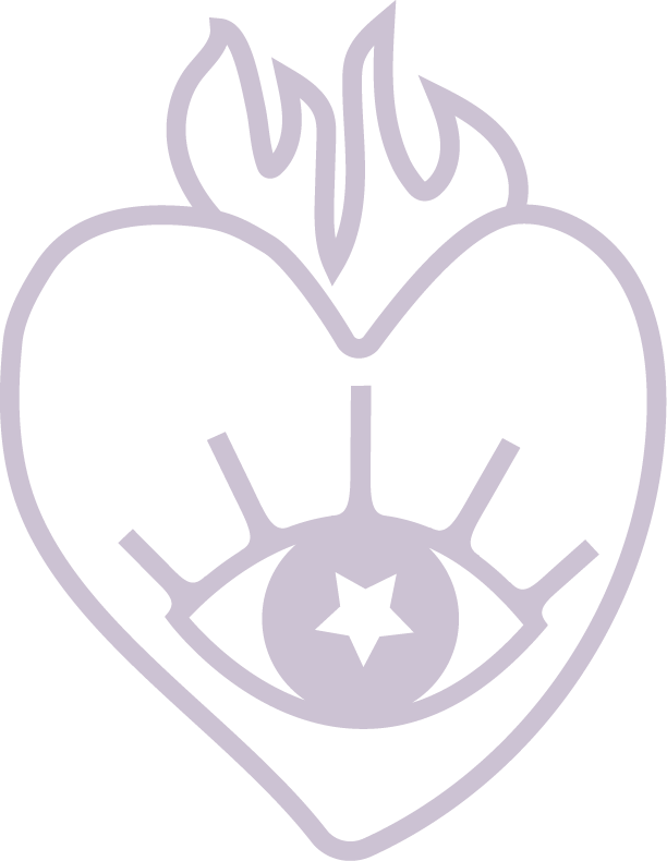 A stylized image of a heart with flames at the top and an eye with a star inside at the bottom center.