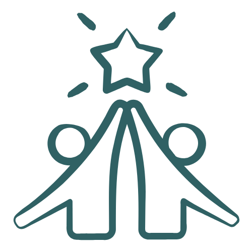 Icon with two stylized people with outstretched arms reaching for a star, with spark-like lines around the star.