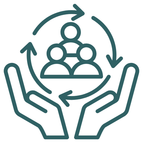 Icon of two hands holding a group of three people surrounded by circular arrows, symbolizing community support and collaboration.