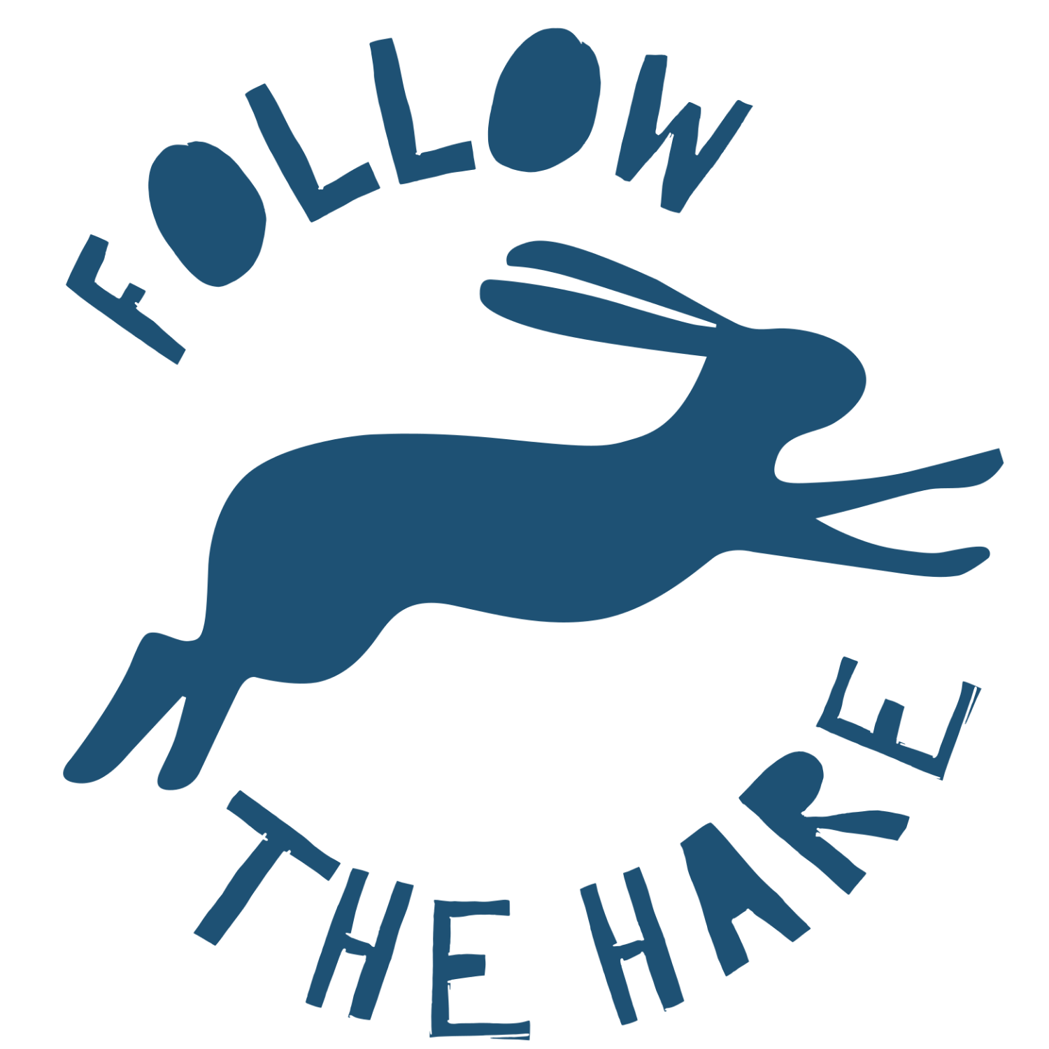 A logo featuring a blue silhouette of a hare in mid-flight with the phrase 'FOLLOW THE HARE' curved around it.