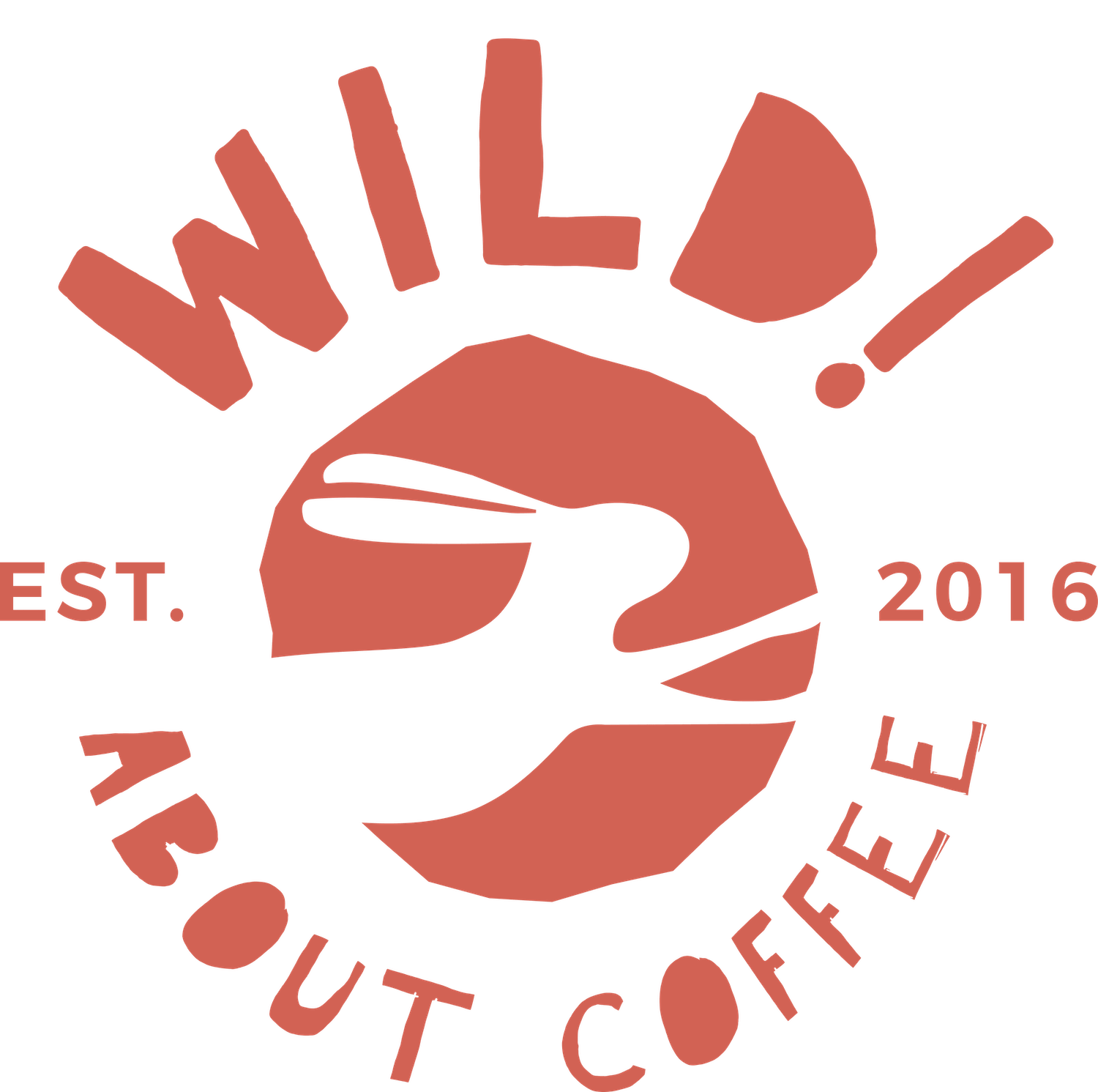 Logo with a hare, surrounded by the text "WILD! ABOUT COFFEE" and the establishment year "EST. 2016".