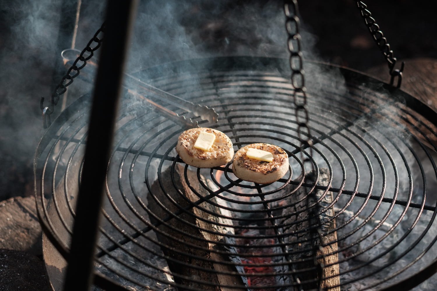 Crumpets toasting on the fire pit at the woodland coffee cafe - Wild About Coffee. 