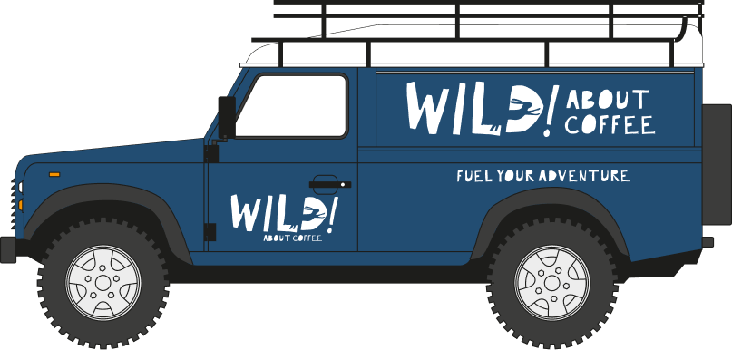 Blue Land Rover Defender with 'Wild About Coffee' logo and slogan 'Fuel Your Adventure'