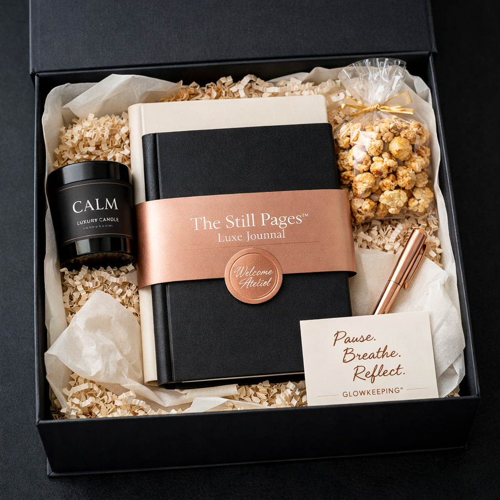 A black gift box containing a luxurious black and white journal titled 'The Still Pages Luxe Journal' with a pink band that reads 'Welcome Ahibit,' a black candle labeled 'Calm Luxury Candle,' a bag of caramel popcorn tied with a gold ribbon, a rose gold pen, white and beige crinkle paper, and a card with the text 'Pause. Breathe. Reflect. GLOWKEEPING.'