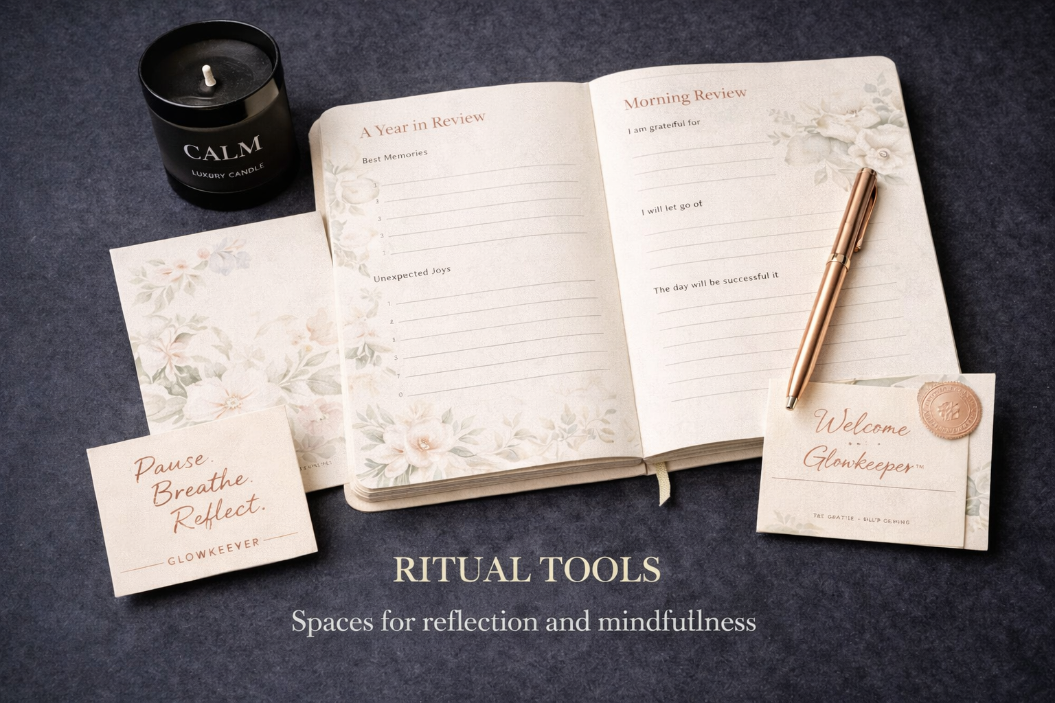 A dark surface holding a black candle labeled "Calm," an open journal with sections for a year in review and morning review, a gold pen resting on the journal, an envelope with a wax seal labeled "Welcome Glowkeeper," a piece of paper with handwriting that says "Pause. Breathe. Reflect," and a floral-themed card. The text "RITUAL TOOLS Spaces for reflection and mindfulness" is at the bottom.