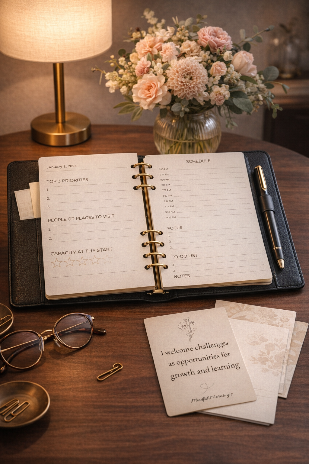 Open planner with handwritten notes, pink and rose gold pen, tea sachet labeled "Tea with TAE", and a small note card with the words "Pause. Breathe. Reflect." placed on a dark surface.