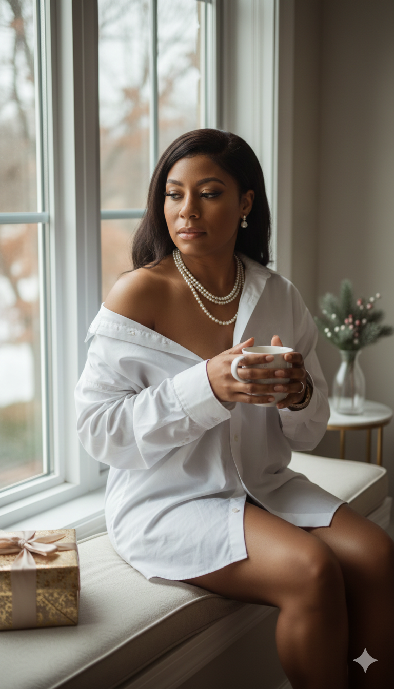 A woman sitting by a window holding a white mug, wearing a white shirt, pearl necklace, and earrings, with a gift box nearby and a small decorated tree in the background.