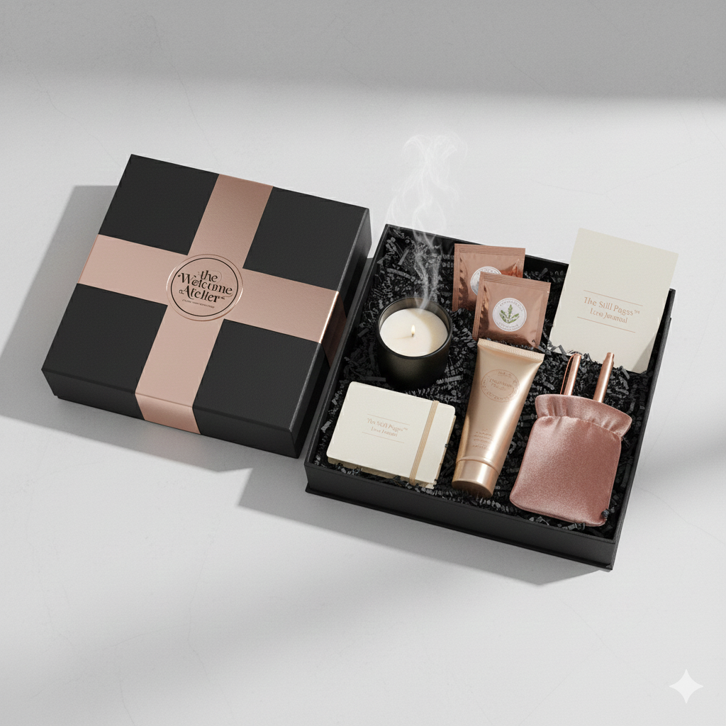 Gift set with candles, skincare products, and accessories in a black box with pink accents.