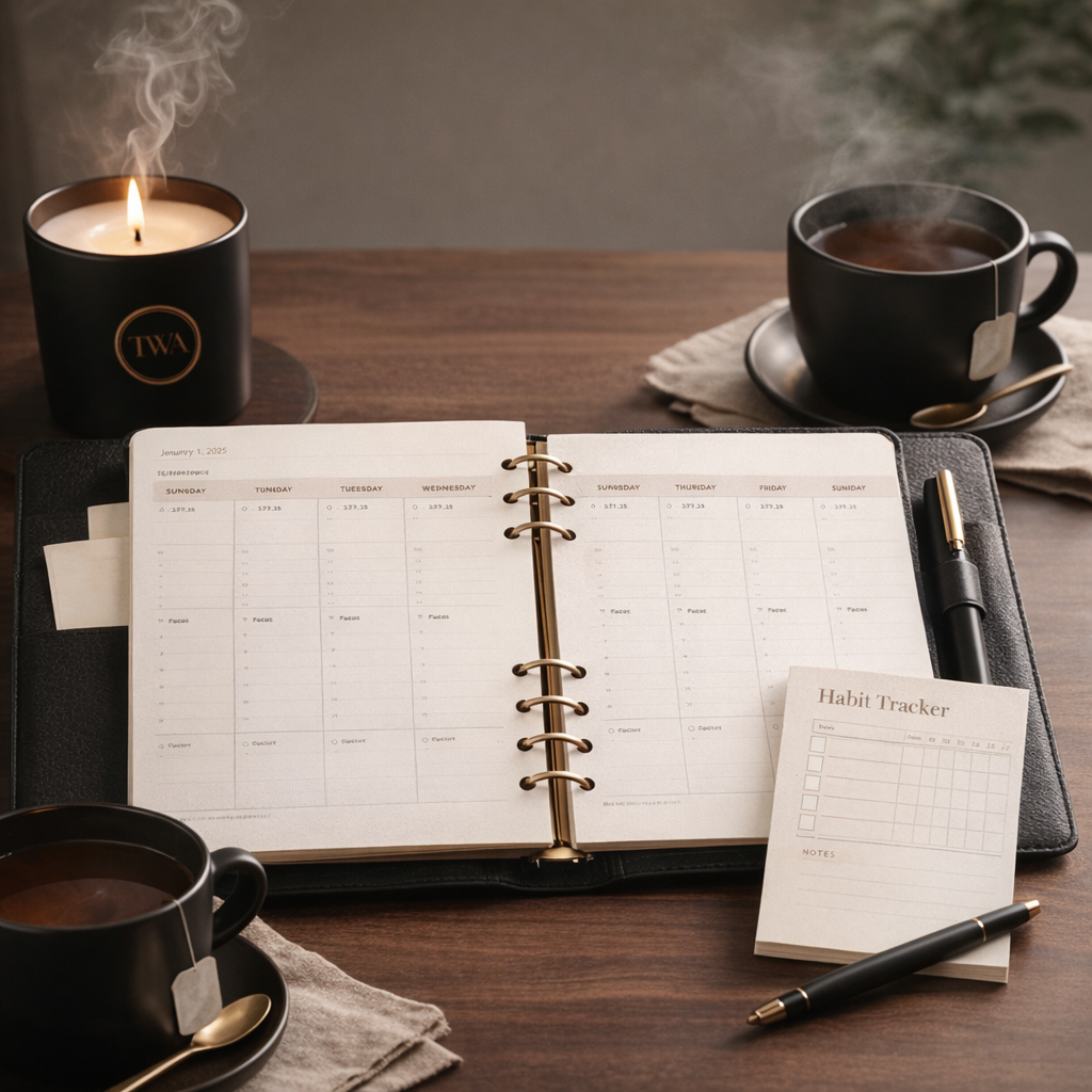 Photo of a planner, notepad, and trackers on a dark surface, with a rose gold pen. Text on the image reads "Weekly Tools" and "Organize ambitions into focused, actionable plans."