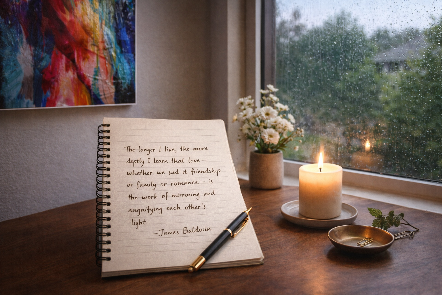 Open journal titled "Ritual Tools" with pages for reflection and mindfulness, a black luxury candle labeled "Calm," a greeting card saying "Pause. Breathe. Reflect. Glowkeeper," and a small card with "Welcome Glowkeeper" and a wax seal, all on a dark surface.