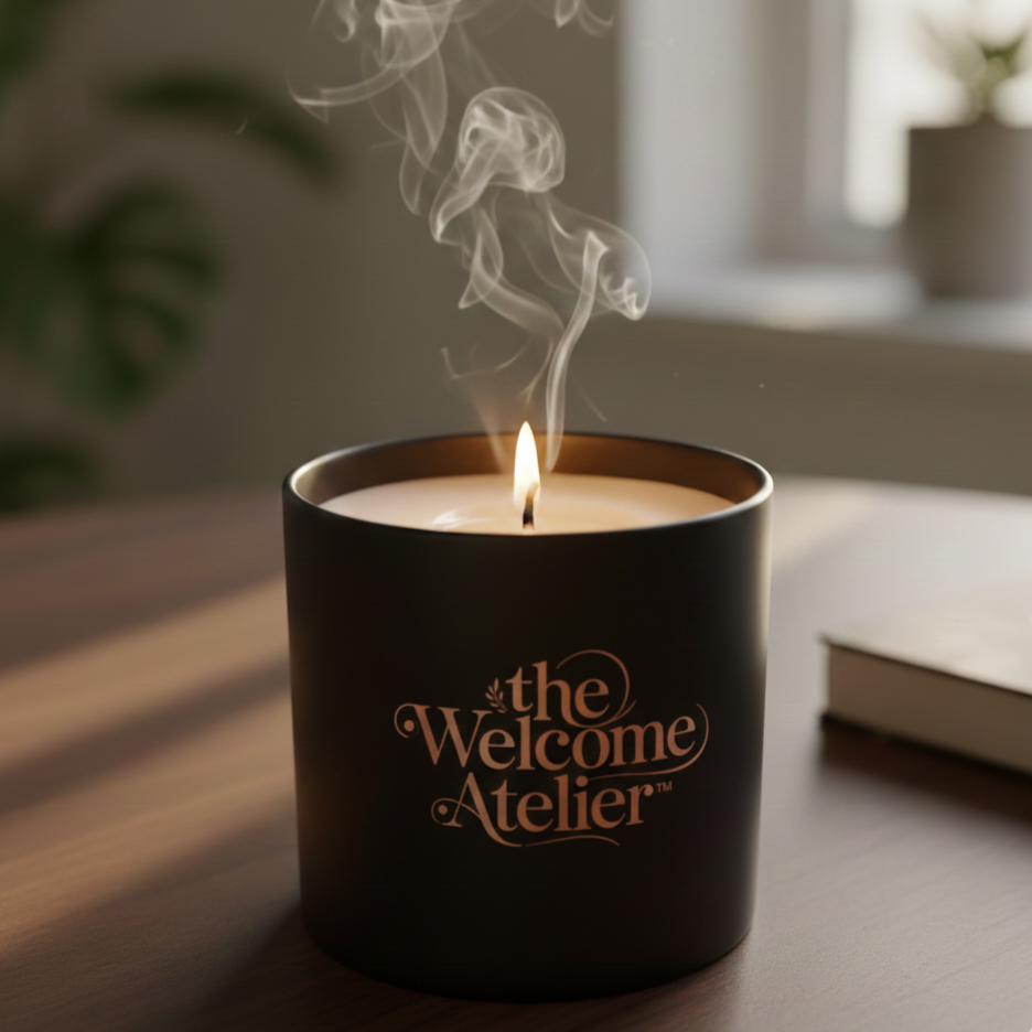 A black candle with the words 'the Welcome Atelier' printed on it, burning with smoke rising from the flame, placed on a wooden surface near a window with natural light.