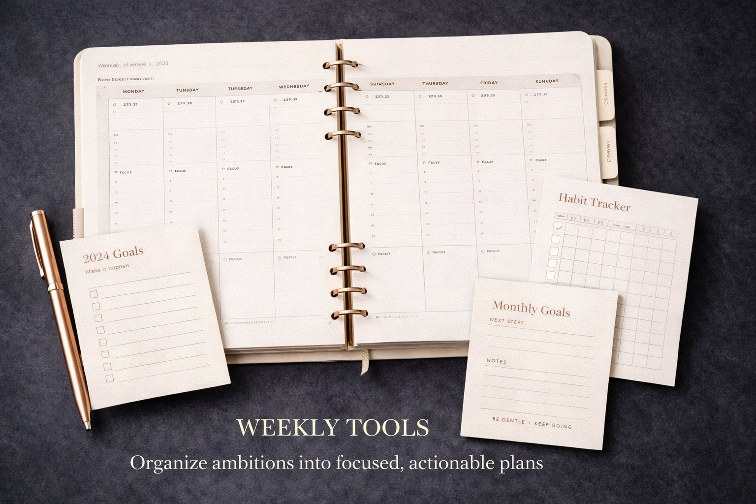 Open planner with weekly calendar and notes, surrounded by goal and habit tracking sheets, and a rose gold pen, on a dark fabric surface.