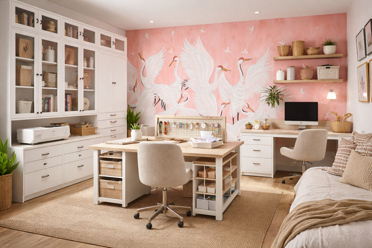 A cozy home office with a pink wall mural of white herons, white cabinetry, a desk with a computer, a beige office chair, a daybed with pillows, plants, and woven baskets and shelves for storage.