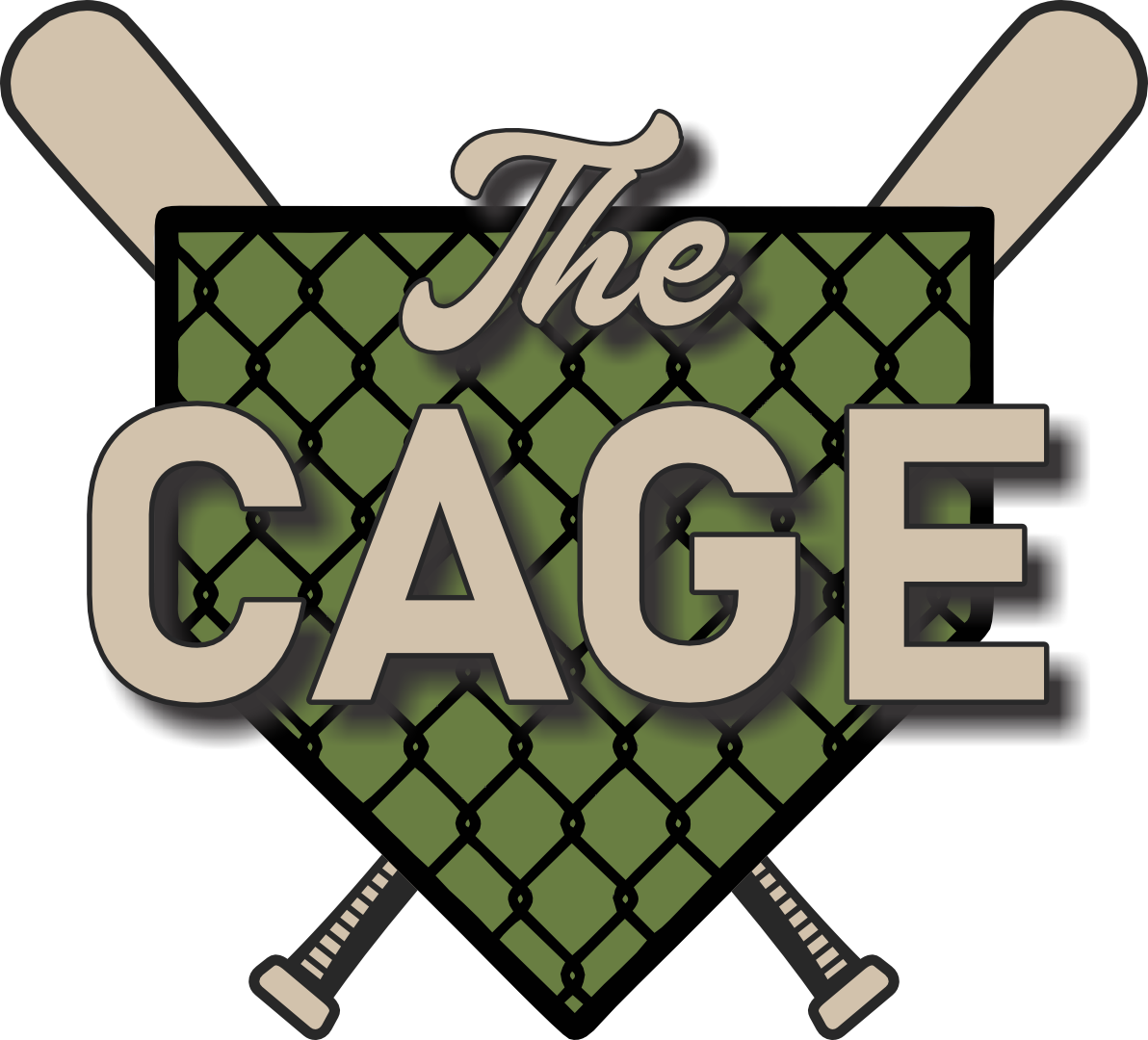 Logo design for 'The Cage' Indoor Baseball Facility in London Ontario with a green diamond lattice background, a baseball diamond shape, and two crossed baseball bats behind the text 'The Cage' for players/teams of all ages and skills