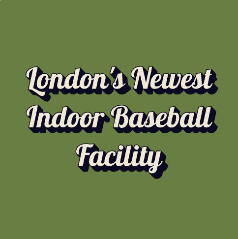 Text reading 'London's Newest Indoor Baseball Facility' on a green background. Advertising 'The Cage' in London Ontario an indoor baseball facility for players/teams of all ages and skills in baseball, hardball, fast pitch, softball and slo-pitch.