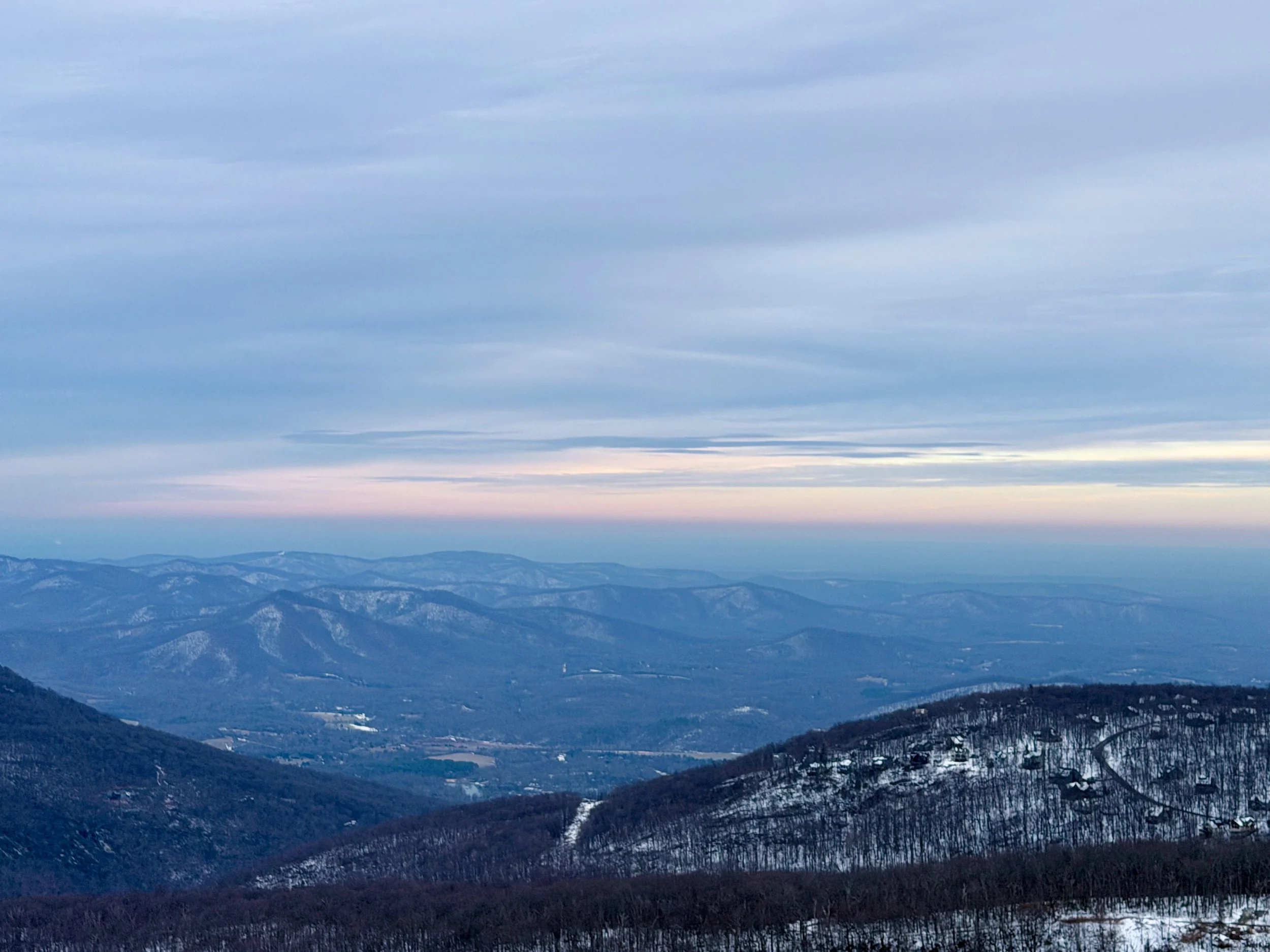 Panoramic view of the Blue Ridge Mountains from Wintergreen Resort in Virginia during winter.