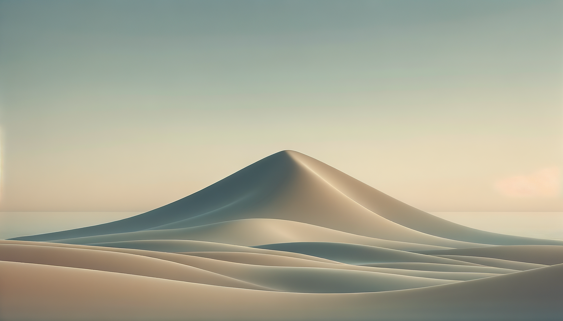 Smooth sand dunes with a single, tall sand dune in the background under a pale, pastel sky.