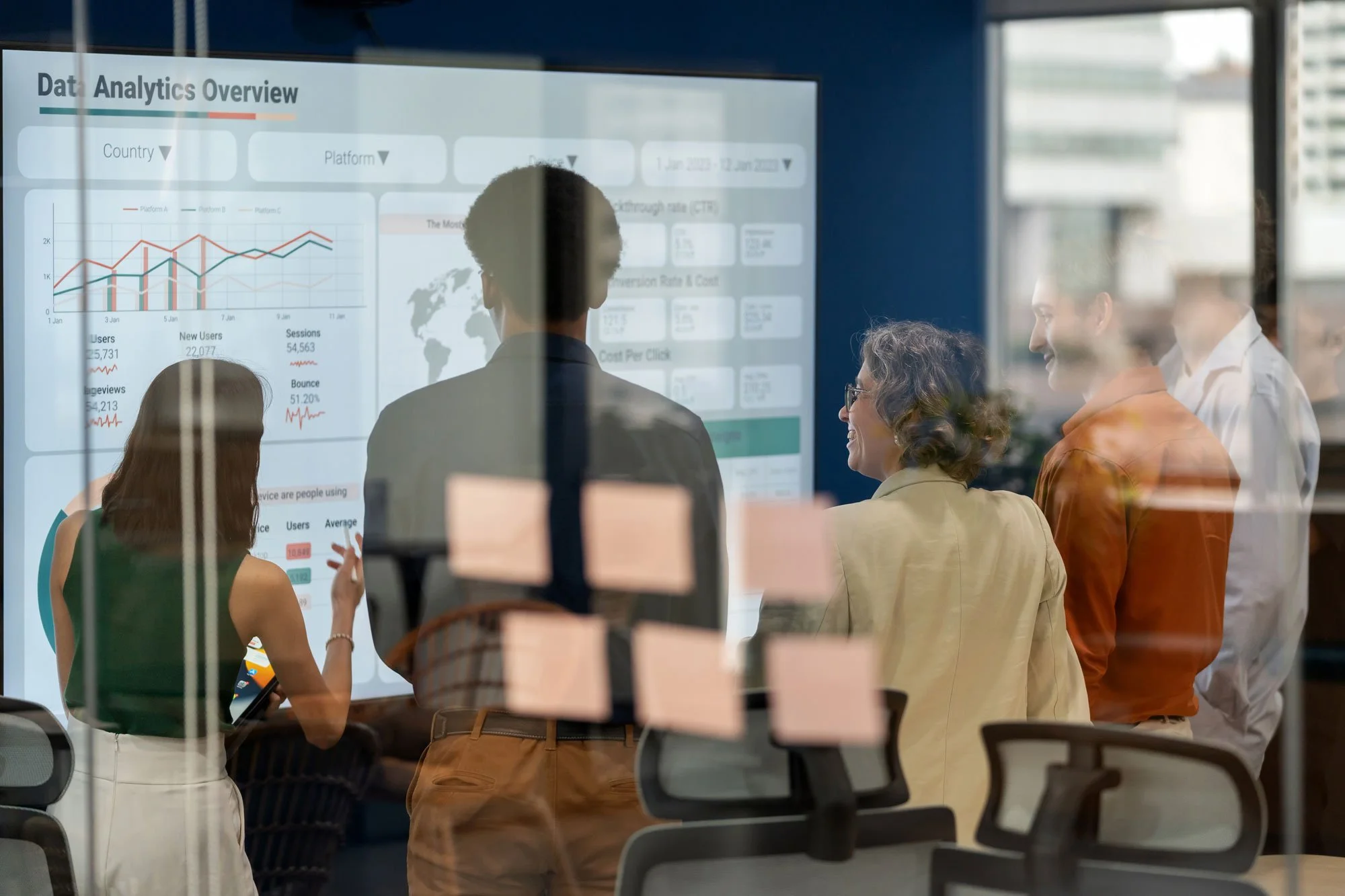Business team having a meeting in front of a data analytics dashboard displayed on a large screen.