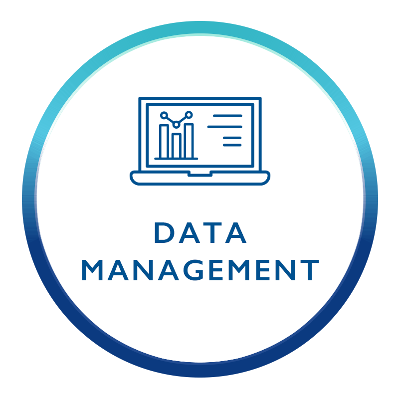 Icon of a laptop with a graph on the screen and the words "Data Management" below.