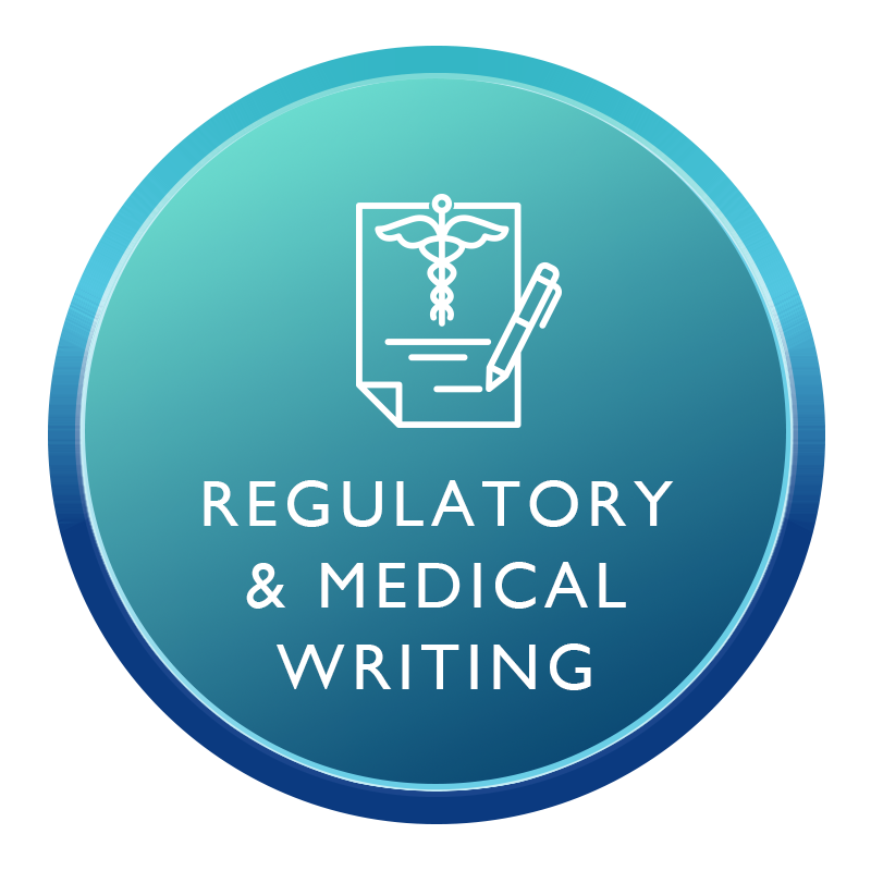 Icon of a medical document with a caduceus symbol and a pen, and the text 'Regulatory & Medical Writing' on a blue gradient circular background.