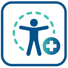 Icon of a person with arms outstretched inside a dotted circle, with a medical cross in a circle at the bottom right corner.