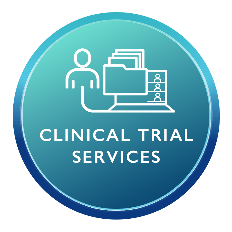 A circular icon with a light blue gradient background, featuring a simplified human figure, a folder full of documents, and the text 'CLINICAL TRIAL SERVICES' in bold white letters.