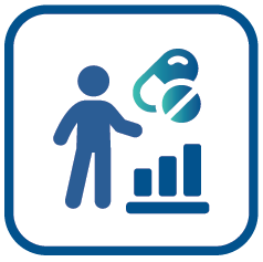 A person icon next to a large capsule pill and a bar chart, inside a square with rounded corners.