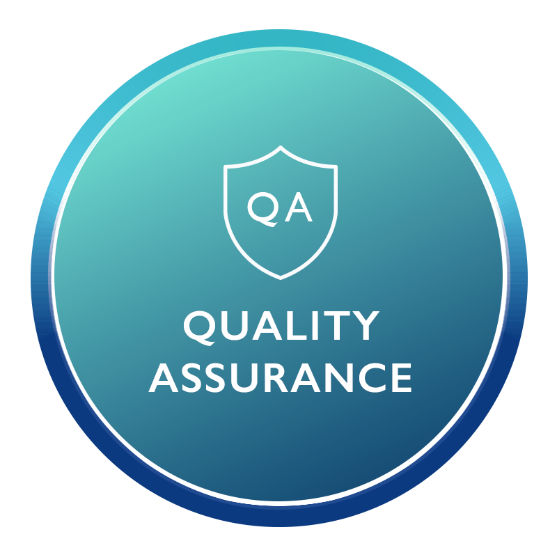 A circular badge with a gradient blue background displaying a shield icon with the letters QA, and the words 'Quality Assurance' beneath it.