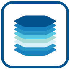 Stack of blue and teal layered sheets or pages in a square outline