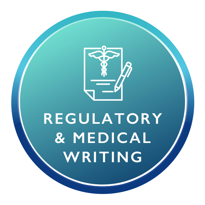 A circular badge with a gradient blue background displaying a medical symbol and a document with a pen. Text reads 'Regulatory & Medical Writing'.