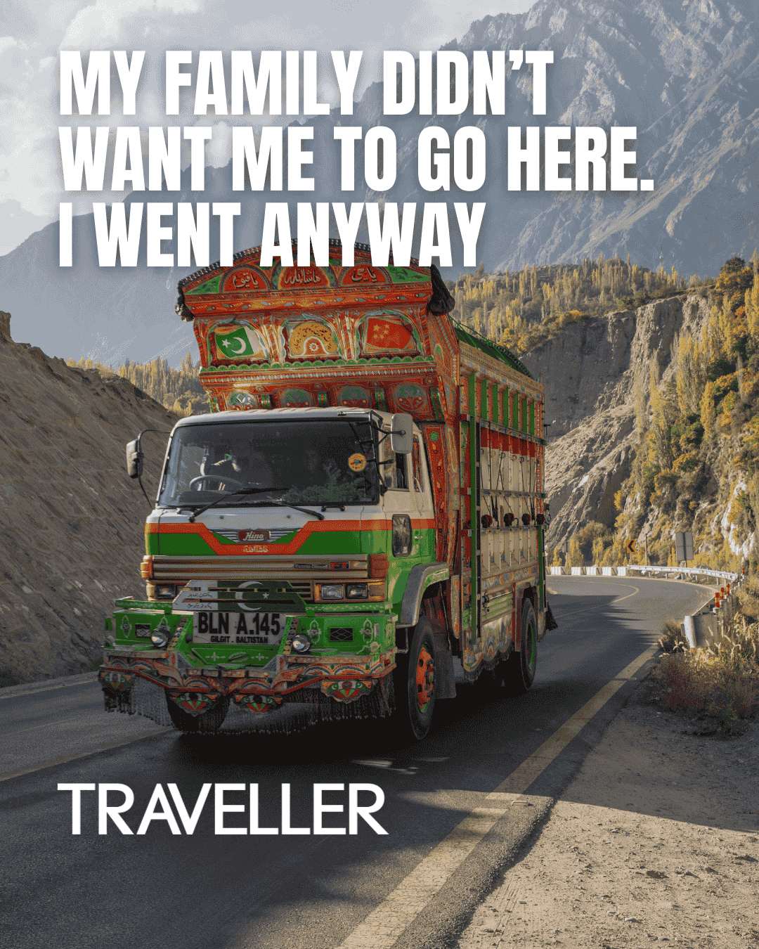 A colourful truck drives through the mountains of Pakistan