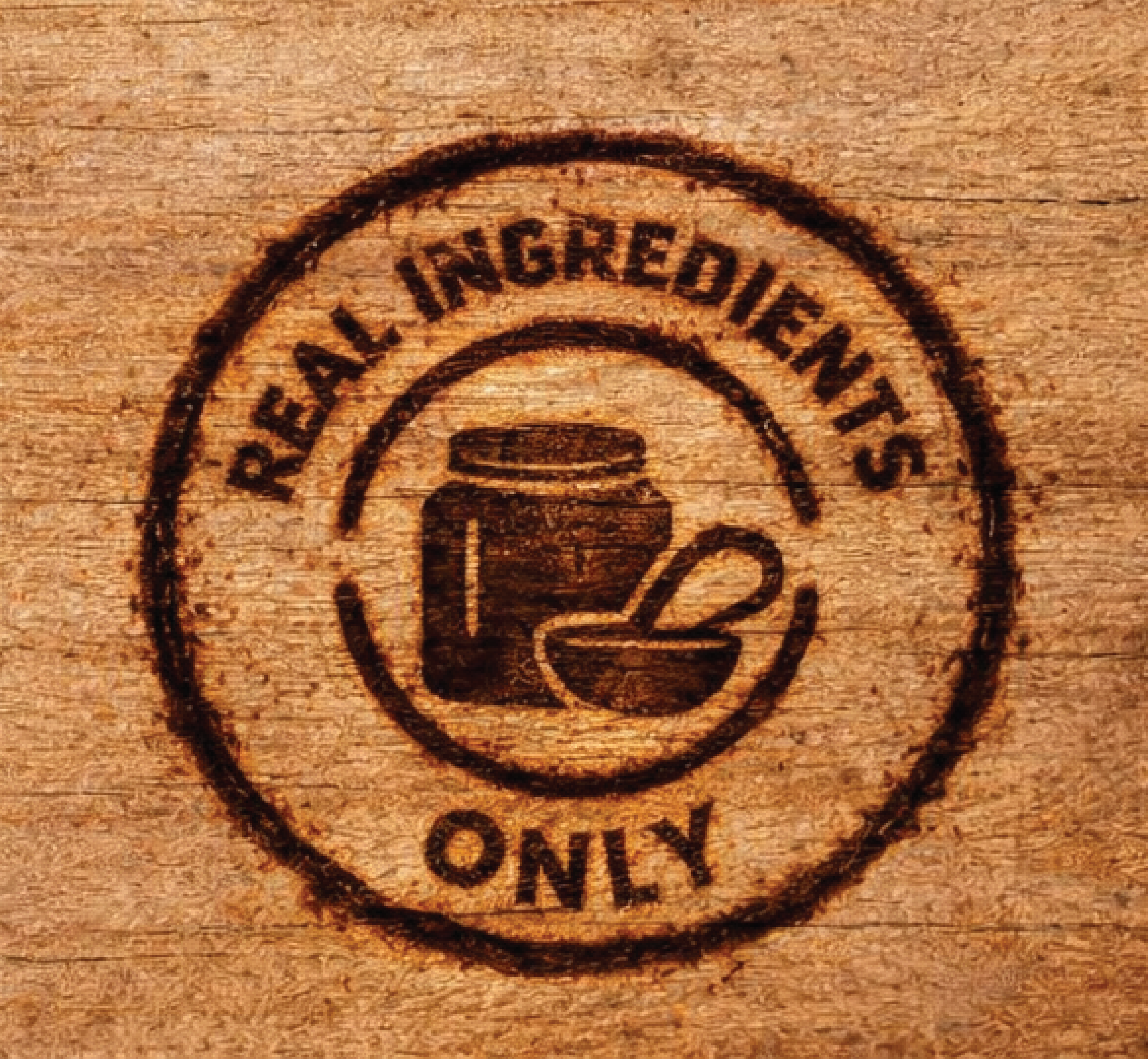 Seal with the text 'Real Ingredients Only' and an image of a jar and a bowl with a spoon.