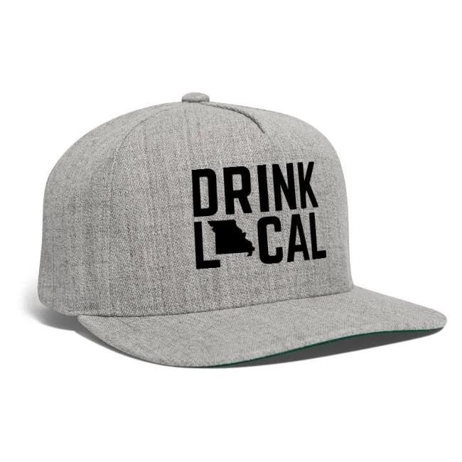 gray flatback baseball cap with drink local graphic in black