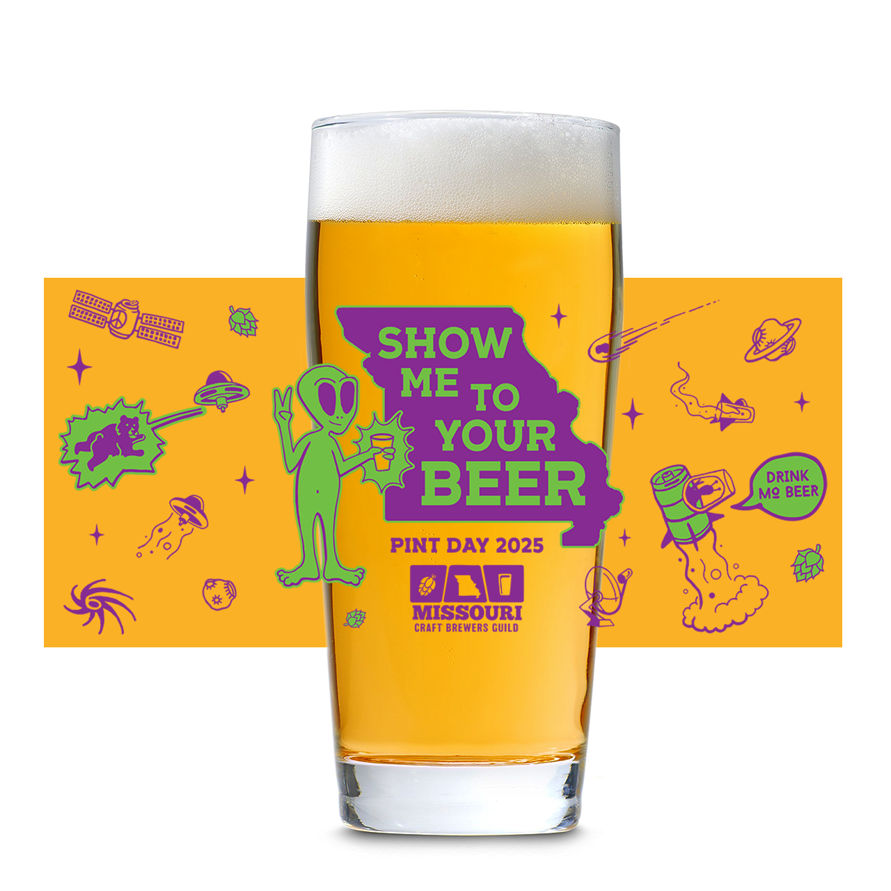 2025 missouri pint day glass mockup featuring an alien holding a beer next to an icon of the state of missouri with the words show me to your beer, pint day 2025, and the showing the missouri craft brewers guild logo below it