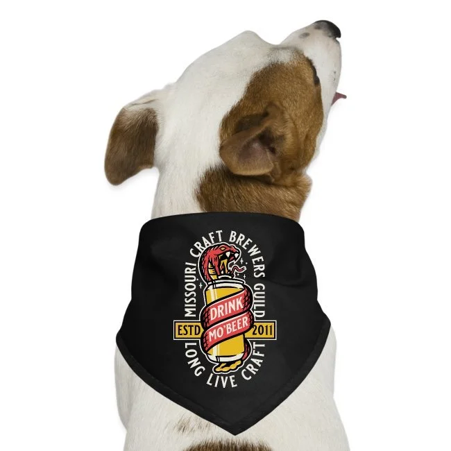 dog wearing black bandana with long live craft emblem