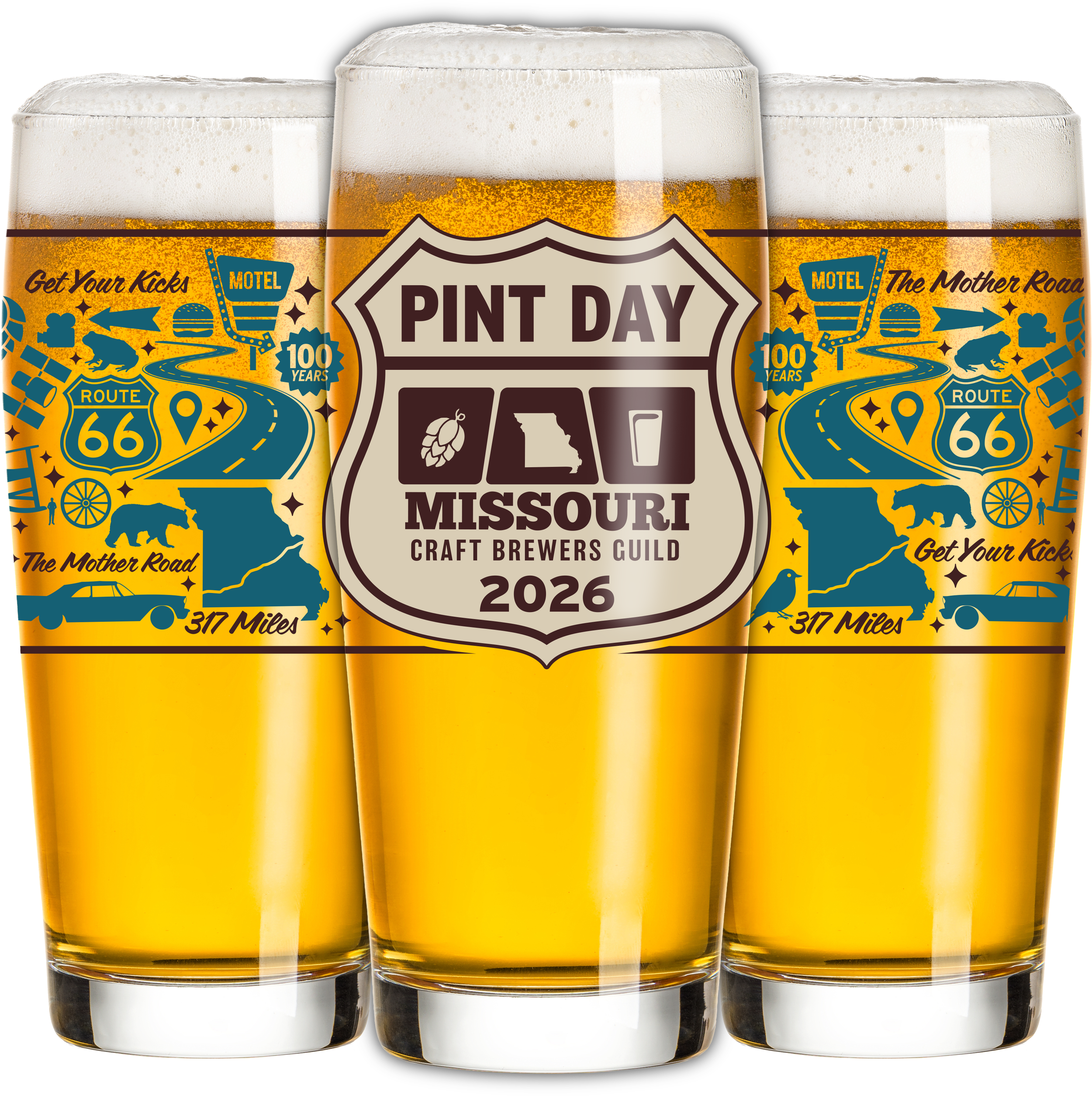 2026 Missouri Pint Day glassware design featuring classic iconography of historic Route 66