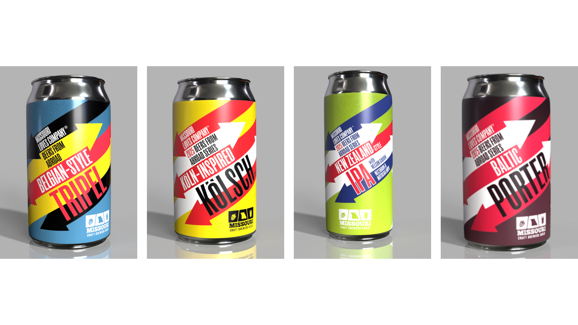 four panel image showing each of the can artwork for the four collaboration brews