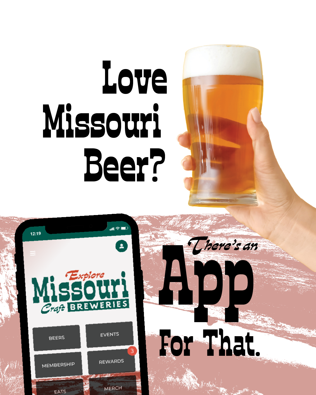a hand holds a pint of craft beer on the right side and a screen shot of the Missouri Craft Beer app is on the left side
