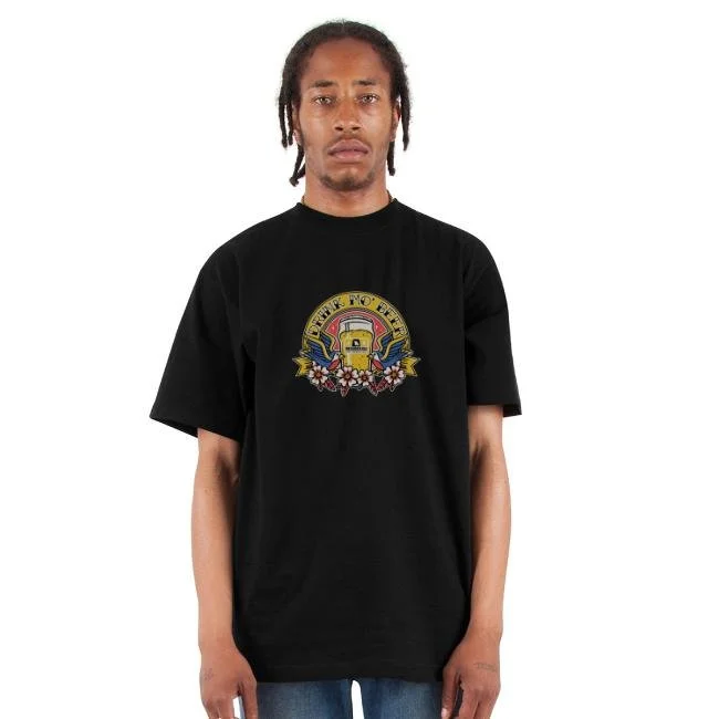 man wearing oversized t-shirt with drink mo beer bluebird emblem on it